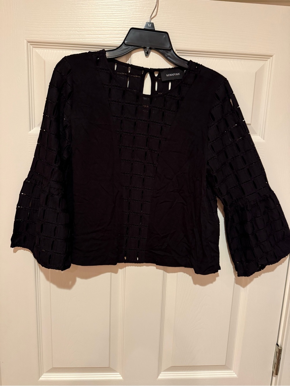 MINKPINK Black Windowpane Crochet Bell Sleeve Blouse
